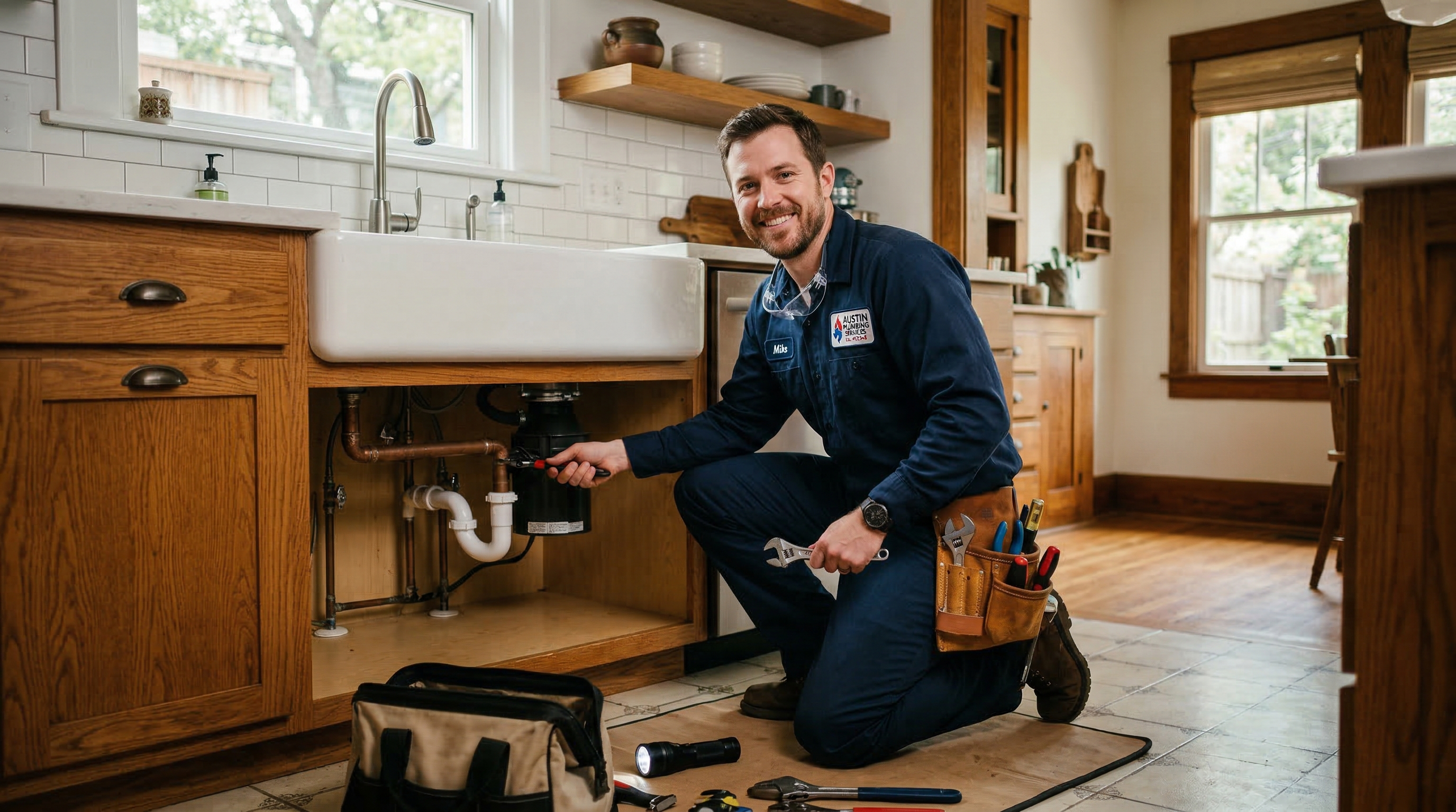 Licensed Austin plumber working under kitchen sink in craftsman home